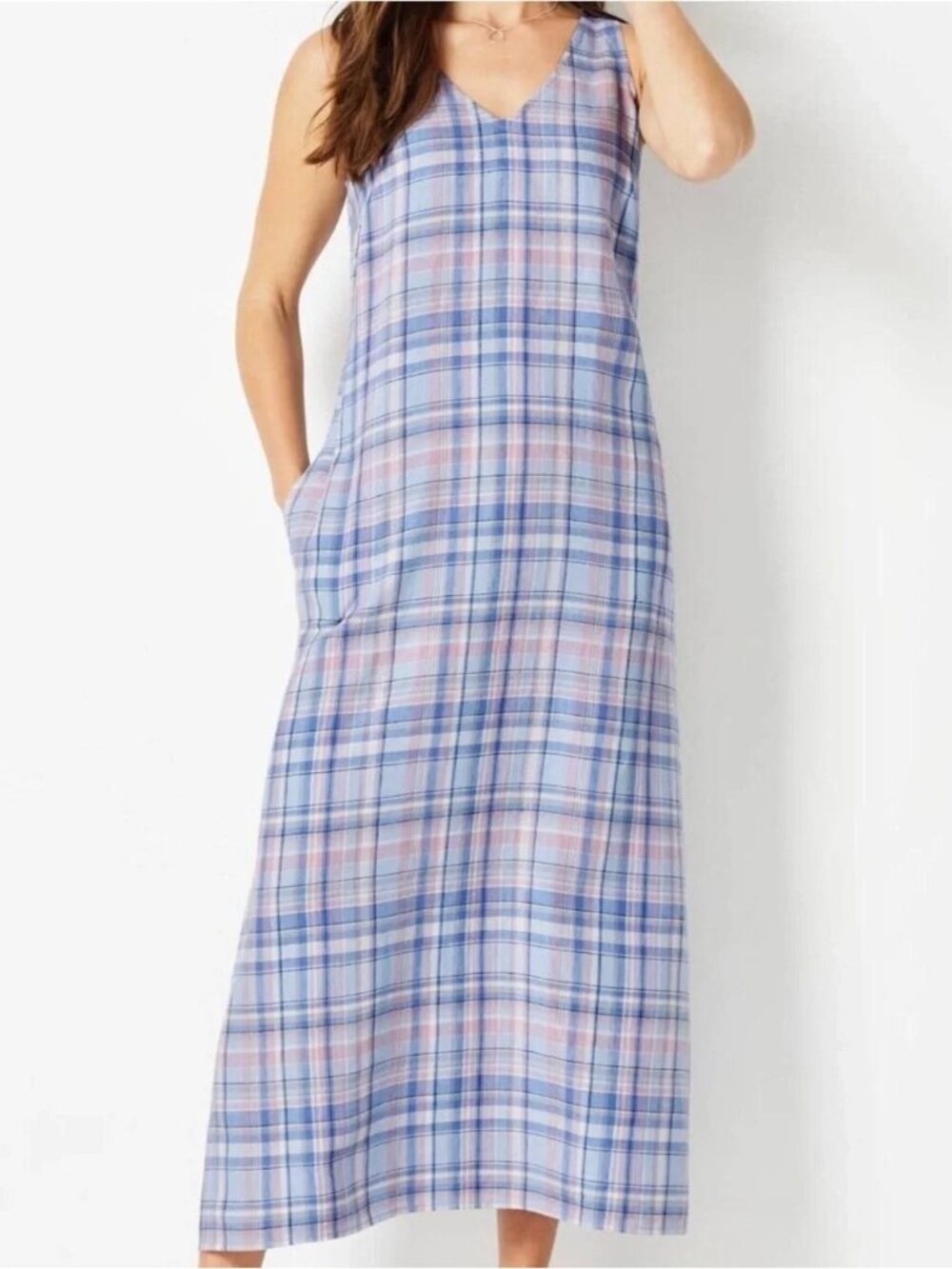 J Jill Love Linen 100% Linen Sleeveless Maxi Pink Blue Dress S Lagenlook Pockets